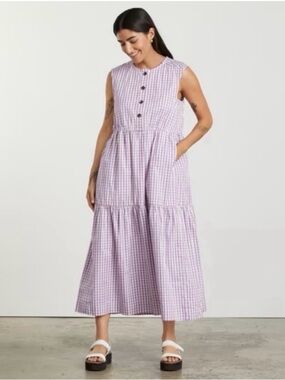 Everlane Purple Gingham Tiered Maxi Dress , Size S, EUC